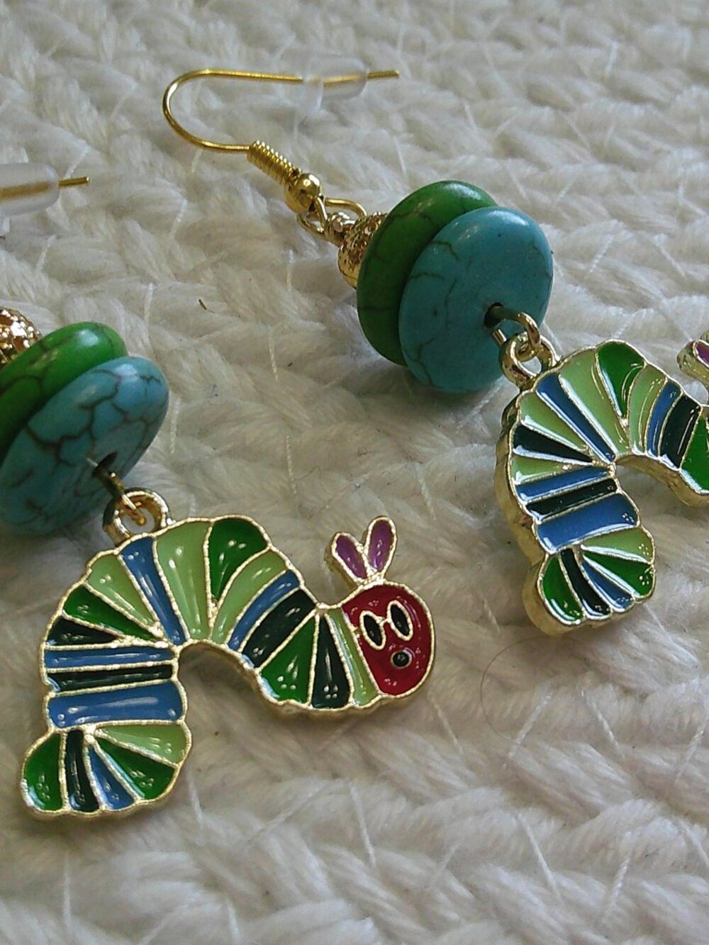 Whimsical THE HUNGRY CATERPILLAR and HOWLITE Handmade Gold Earrings #71F